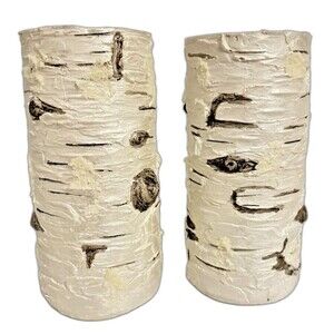 Set of 2 Faux Birch Bark Candle Holders 9" White Rustic Farmhouse Decor